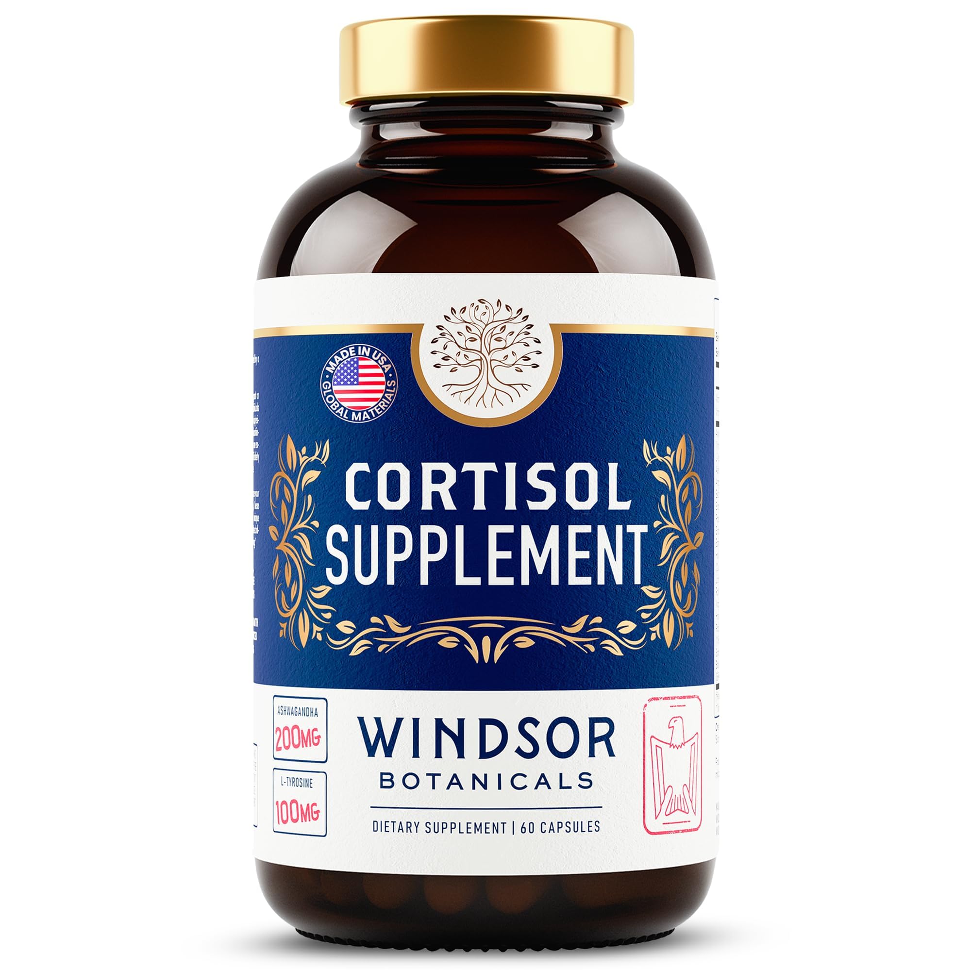 Windsor Botanicals cortisol capsules arranged on a clean surface for daily use.