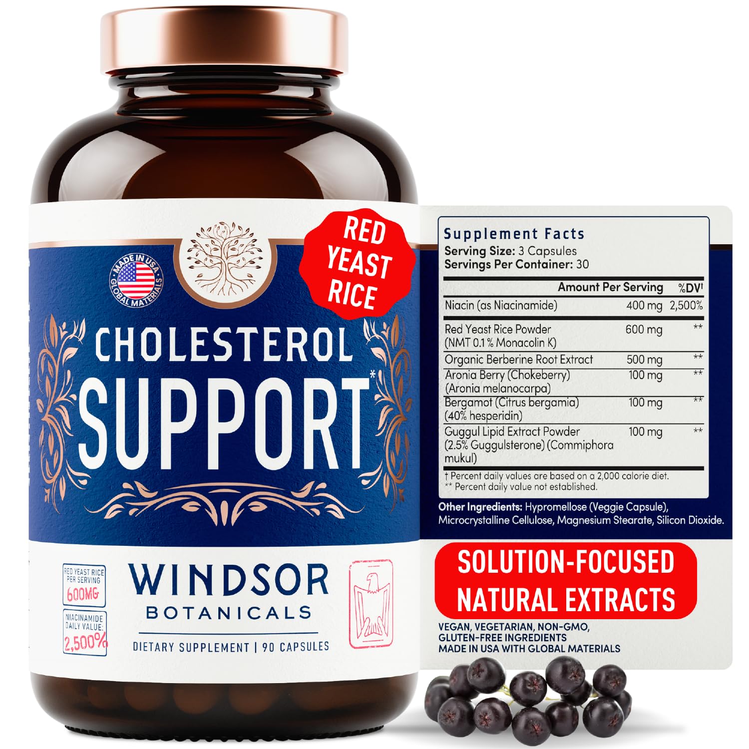 Windsor Botanicals cholesterol bottle pour for easy daily use and routine intake.