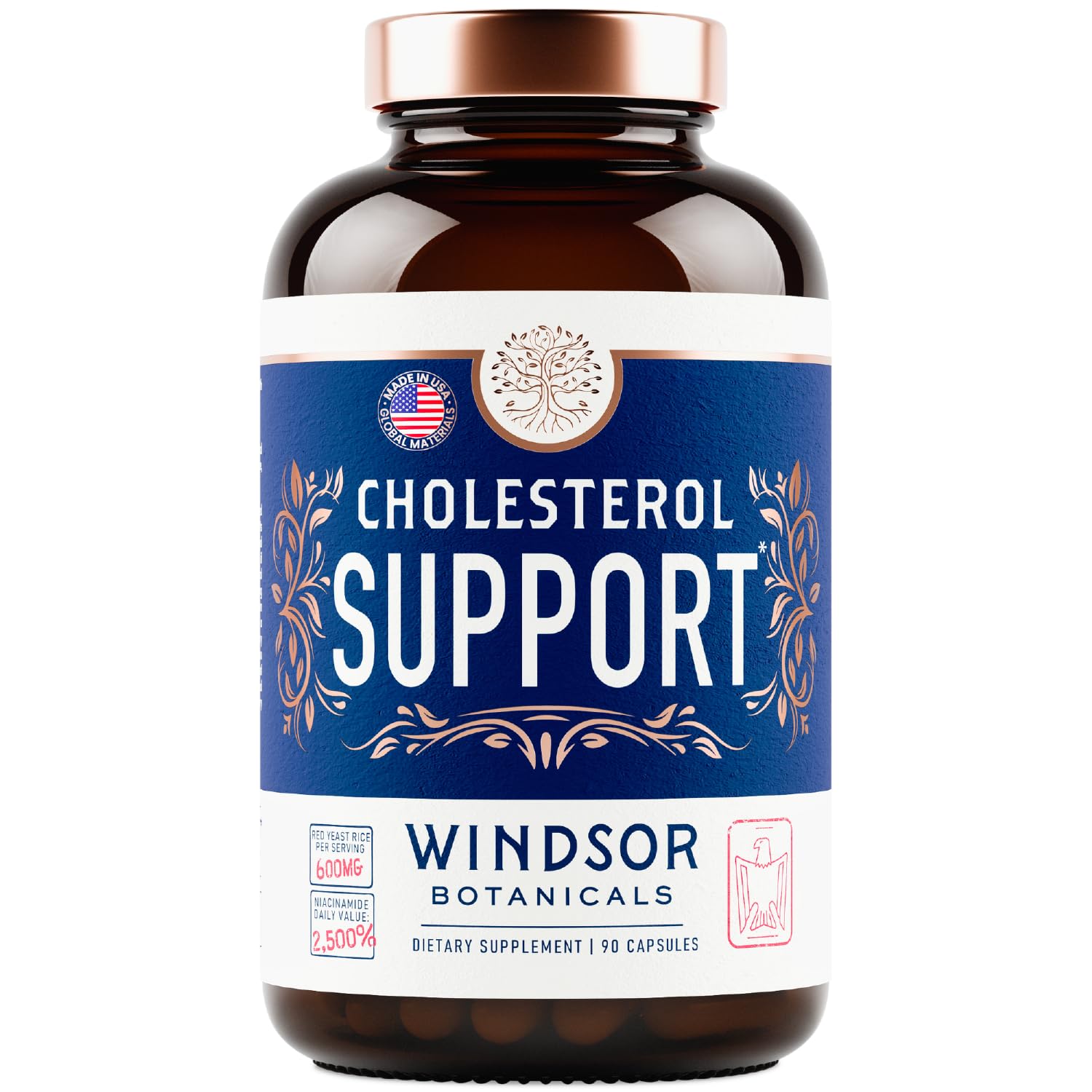 Windsor Botanicals cholesterol packaging on table ready for routine use.