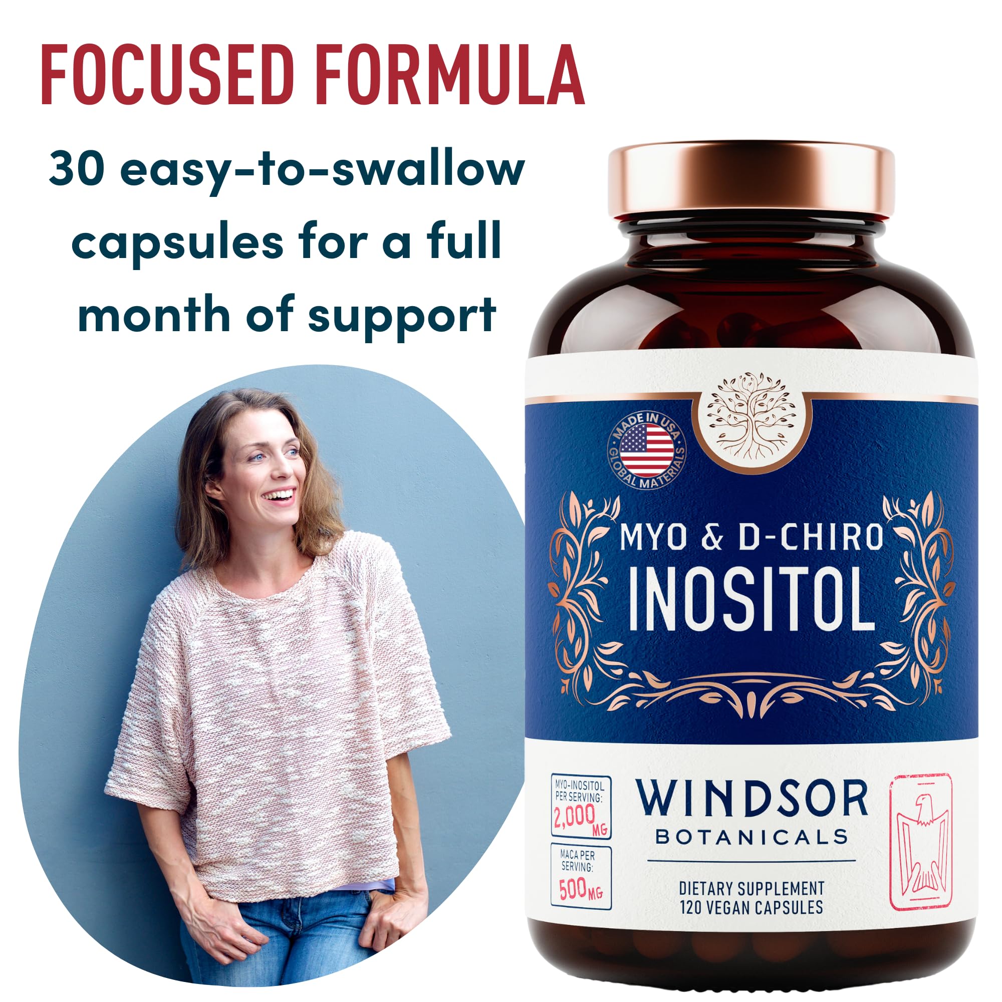 WINDSOR BOTANICALS D-Chiro Inositol 40:1 capsules close-up highlights easy daily use for menstrual balance