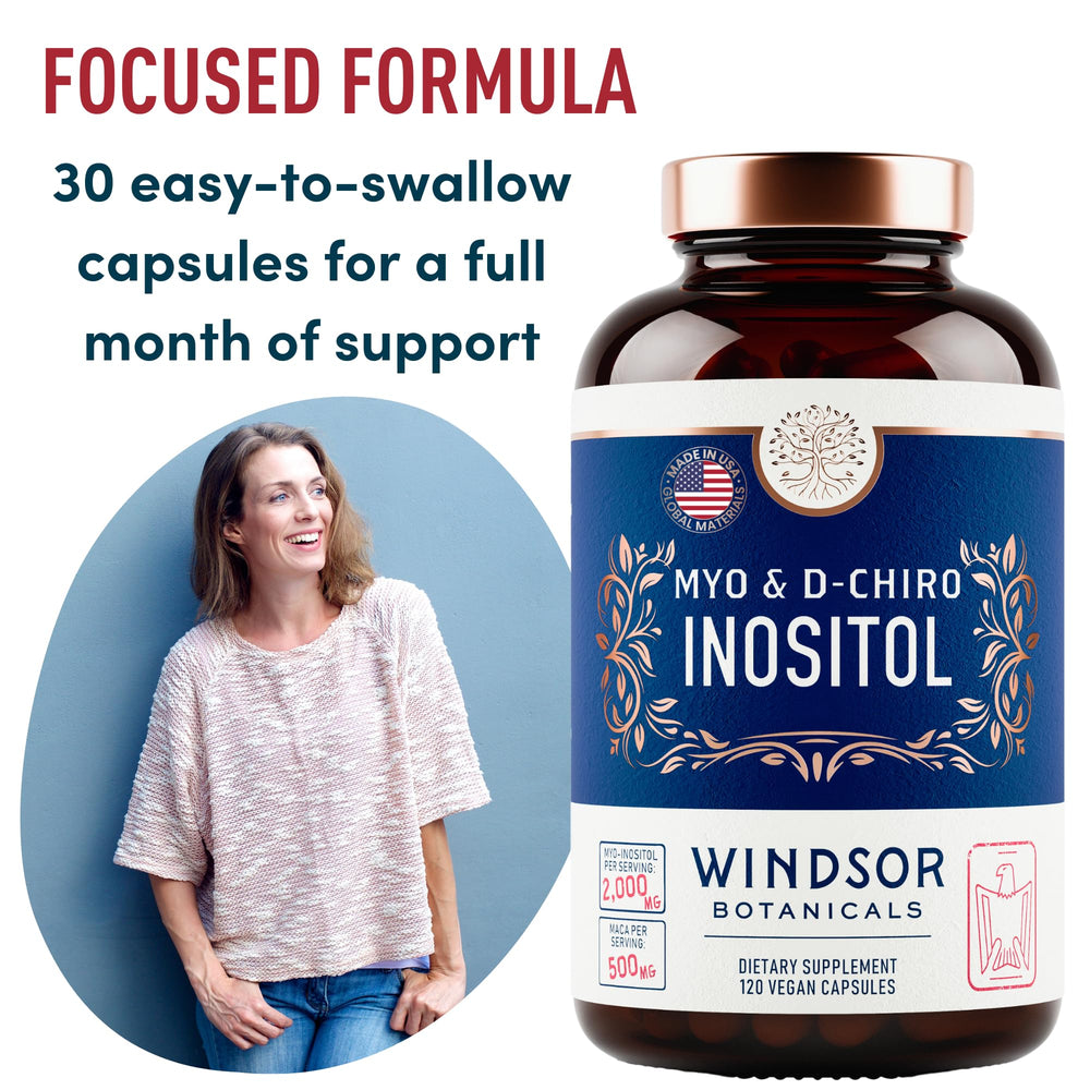 WINDSOR BOTANICALS D-Chiro Inositol 40:1 capsules close-up highlights easy daily use for menstrual balance