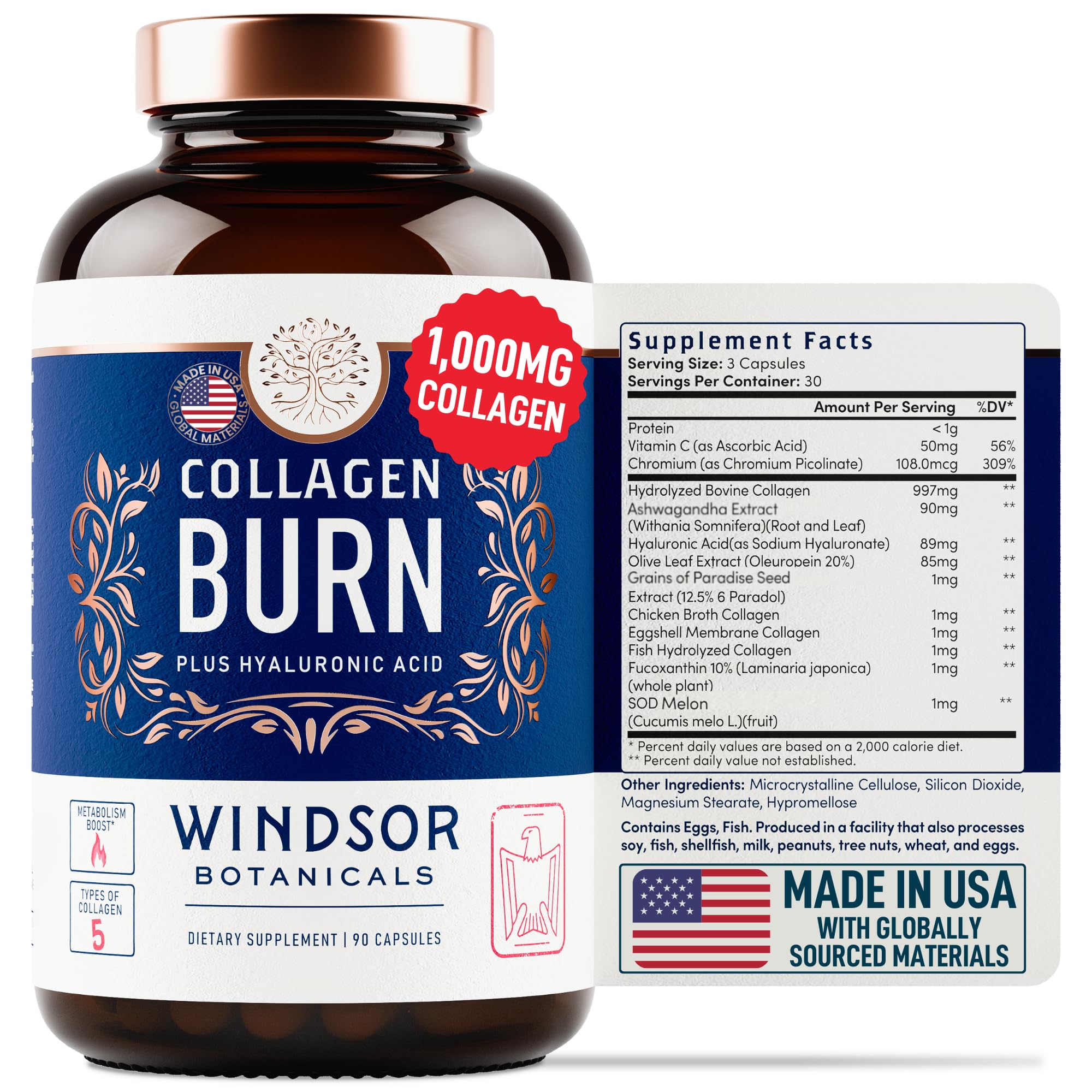 WINDSOR BOTANICALS capsules on bottle label illustrate easy daily intake.