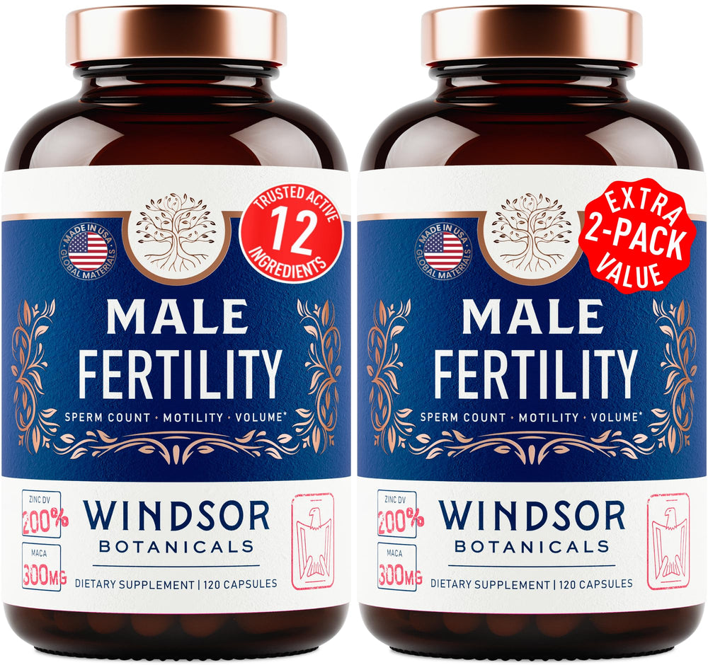 WINDSOR BOTANICALS Conception for Him bottle front with capsules for natural vitality.