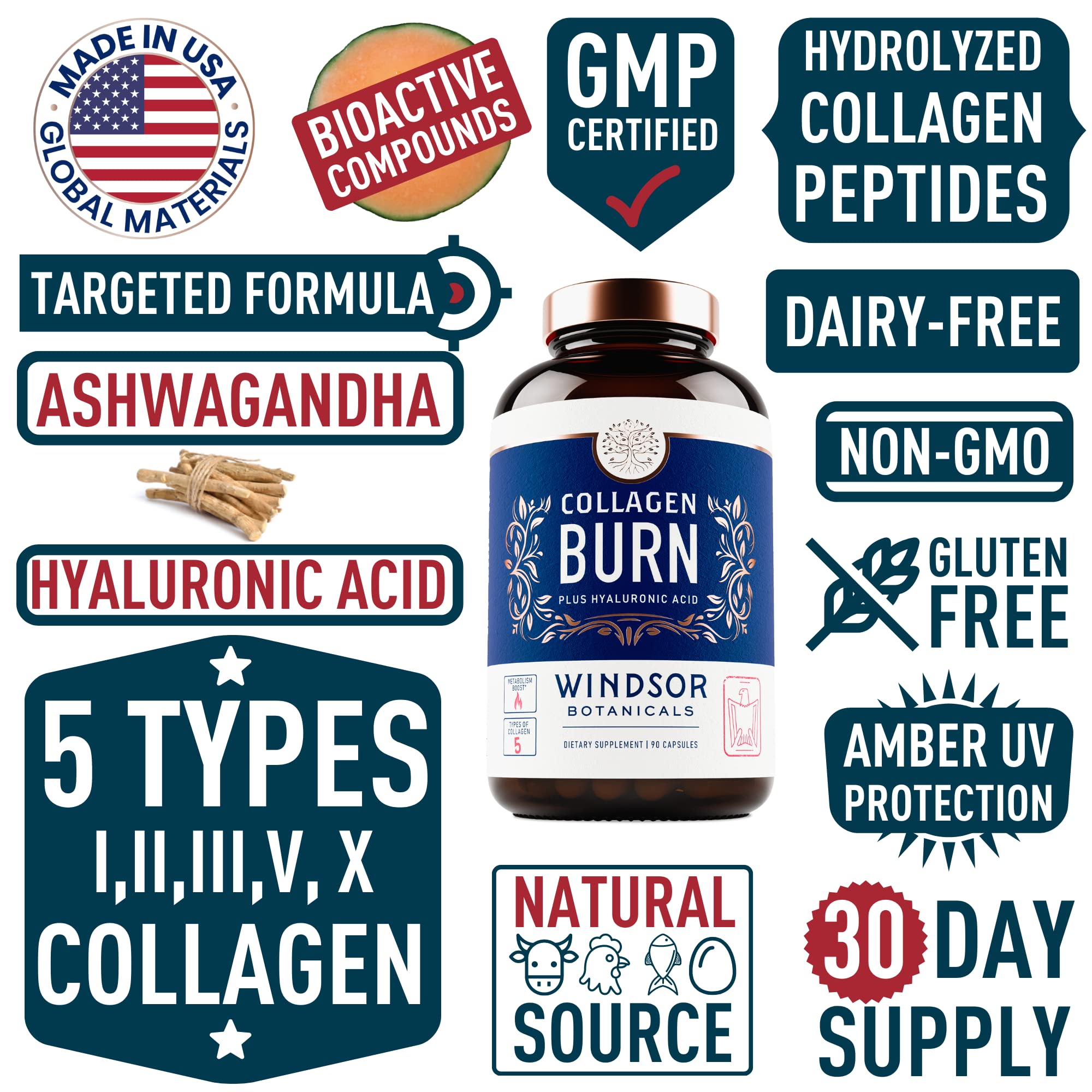 WINDSOR BOTANICALS five-type collagen diagram shows diverse protein support.