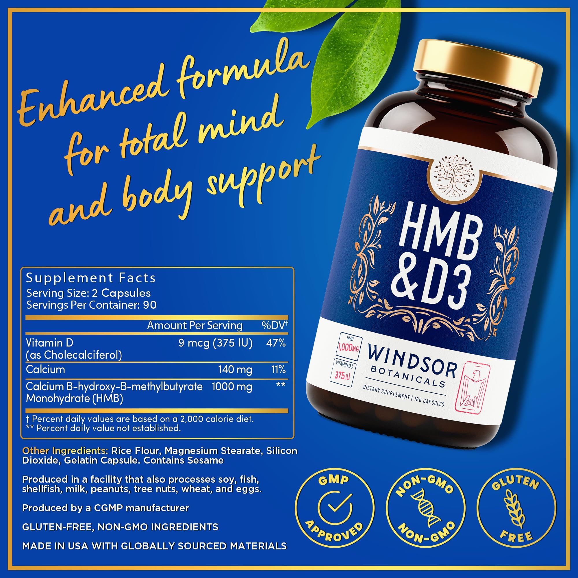 Pouring WINDSOR BOTANICALS HMB D3 capsules illustrating easy daily dosing