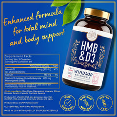 Pouring WINDSOR BOTANICALS HMB D3 capsules illustrating easy daily dosing