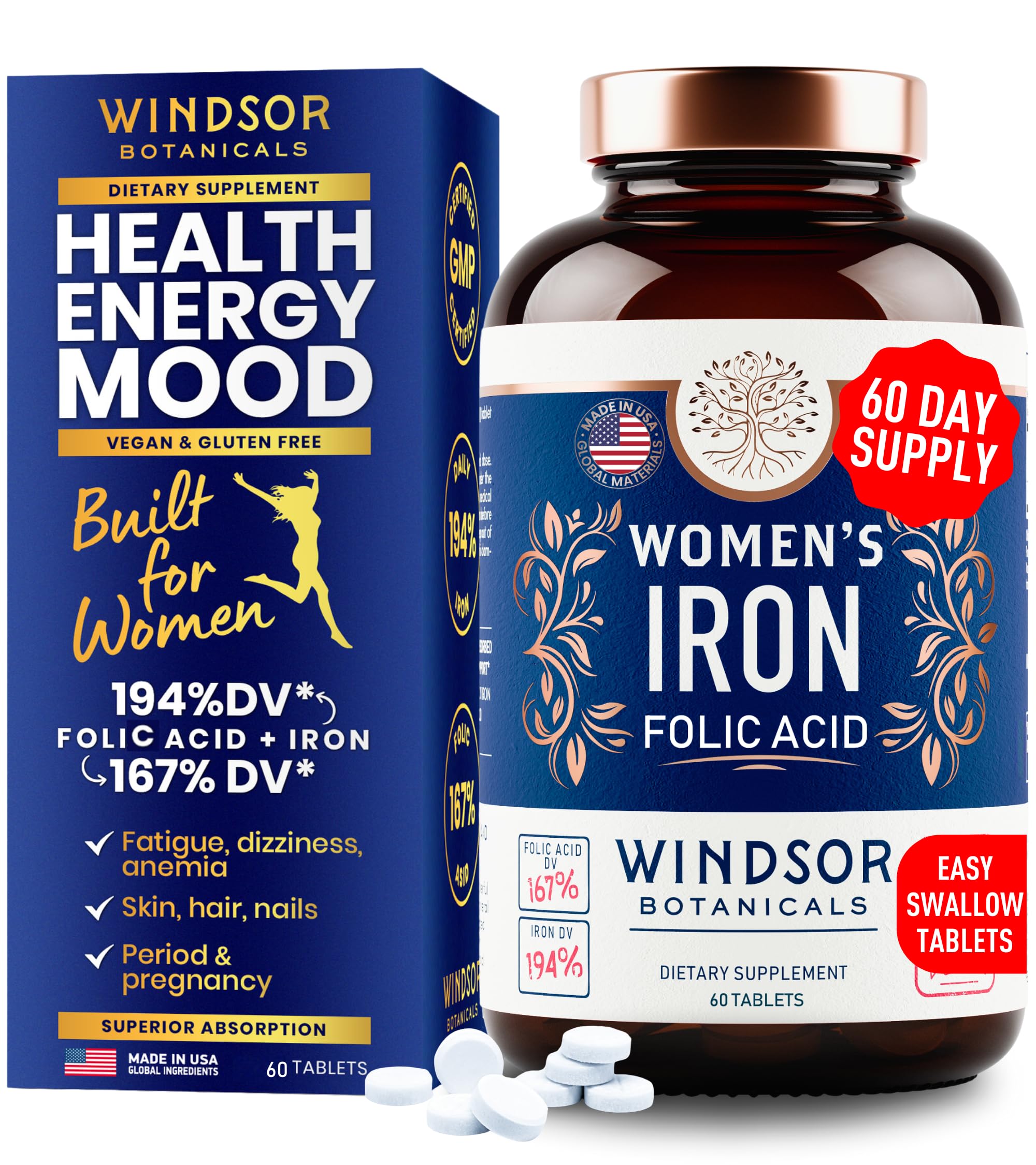 Windsor Botanicals iron-folic-acid-bottle shows a gentle daily iron option for energy support.