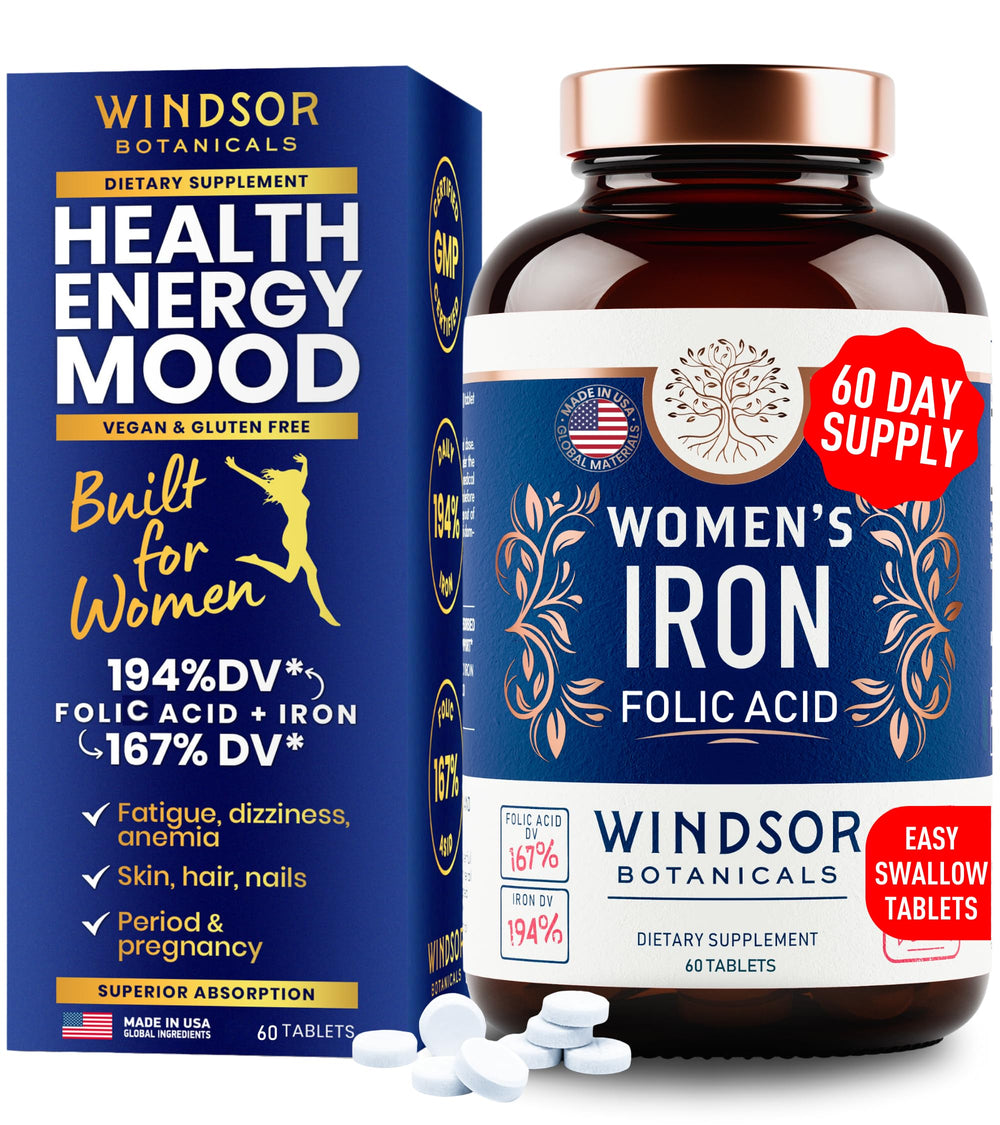 Windsor Botanicals iron-folic-acid-bottle shows a gentle daily iron option for energy support.
