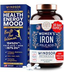 Windsor Botanicals iron-folic-acid-bottle shows a gentle daily iron option for energy support.