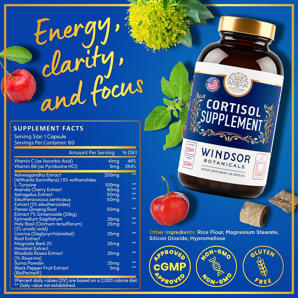Windsor Botanicals cortisol label detail showing the calming ingredient blend.