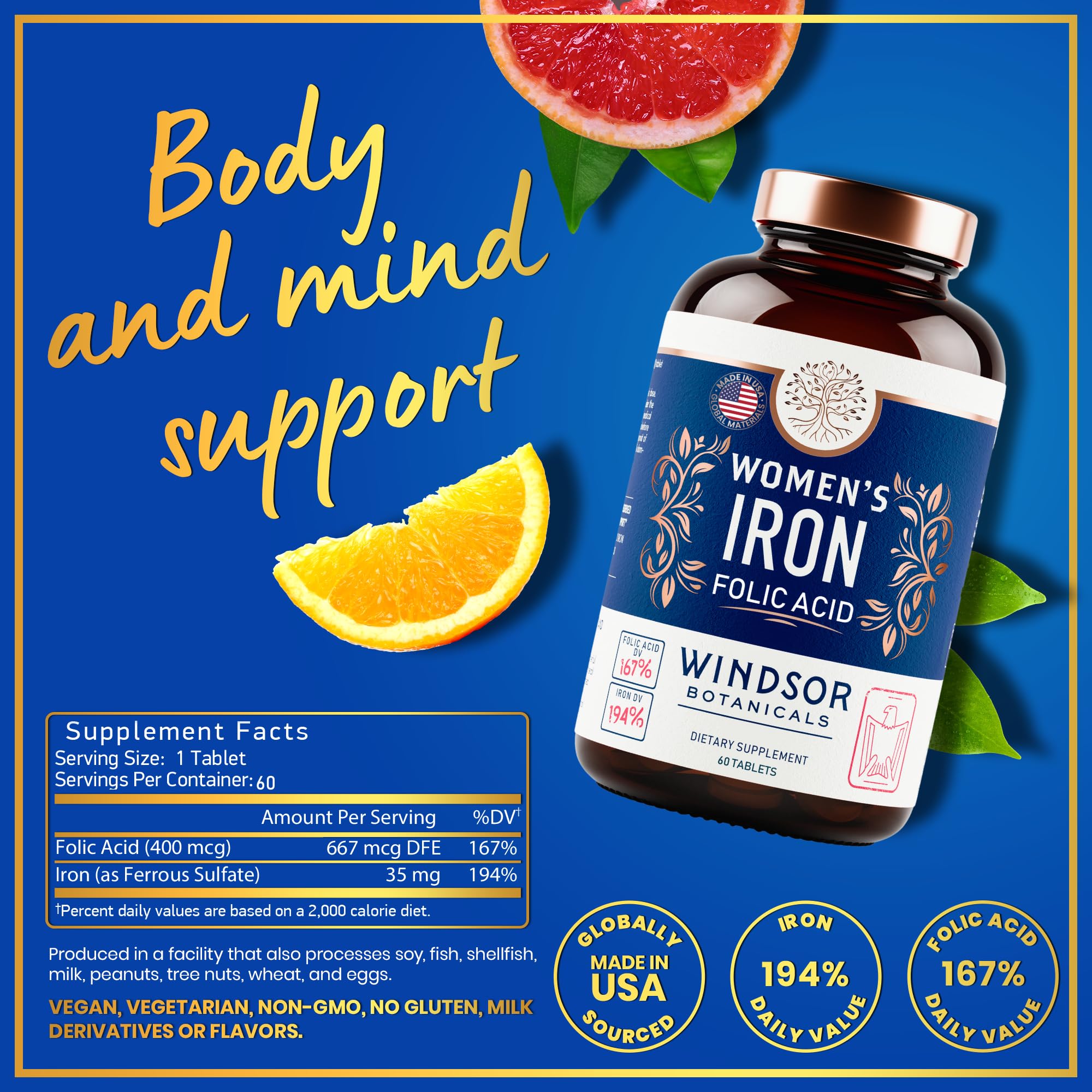 Windsor Botanicals-label-front clearly shows 35mg iron and 400mcg folic acid details.