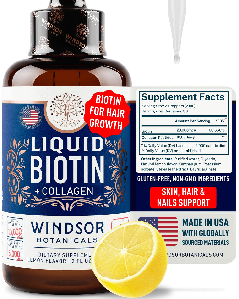WINDSOR BOTANICALS biotin liquid bottle for easy daily use supporting hair health.