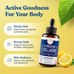 WINDSOR BOTANICALS lemon-flavored liquid collagen being poured for daily use.