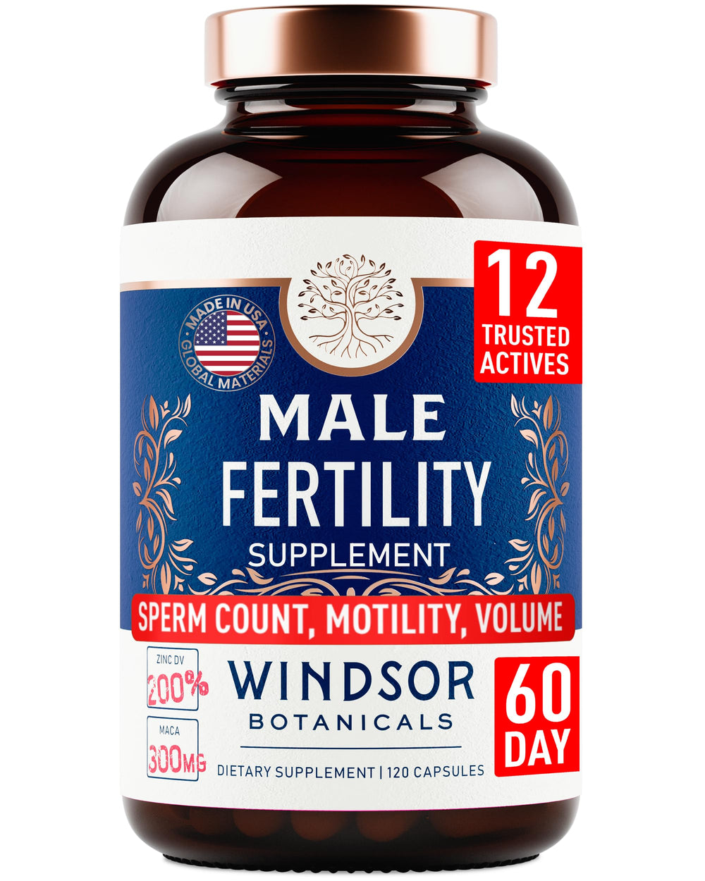 WINDSOR BOTANICALS Maca root bottle supports daily vitality and wellness.