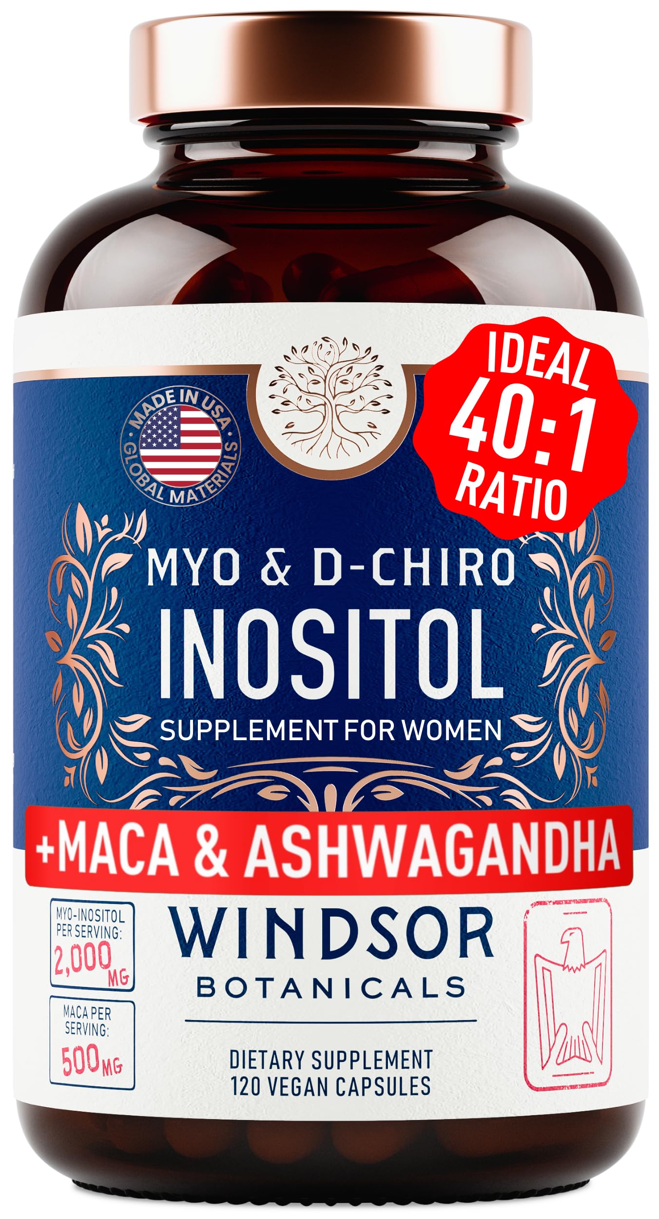 WINDSOR BOTANICALS Myo-Inositol 40:1 bottle label supports hormone balance and ovarian wellness