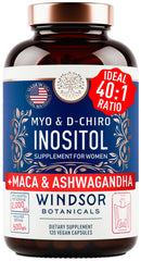WINDSOR BOTANICALS Myo-Inositol 40:1 bottle label supports hormone balance and ovarian wellness