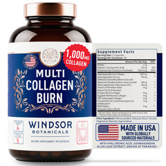 Windsor Botanicals Thermogenic Multi Collagen Burn bottle closeup showing premium collagen blend and packaging details