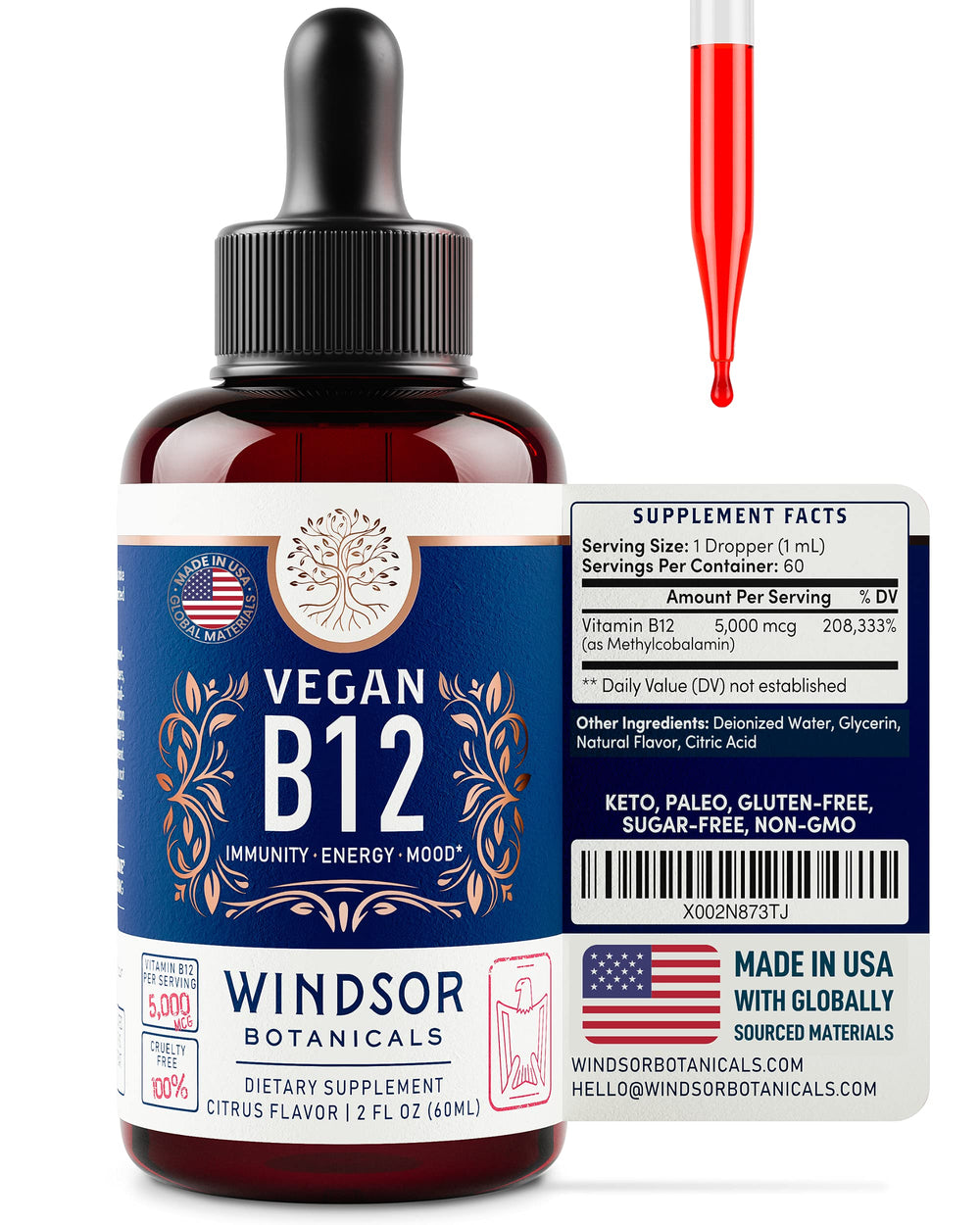 Windsor Botanicals Vegan B12 Liquid 5000 mcg label detail
