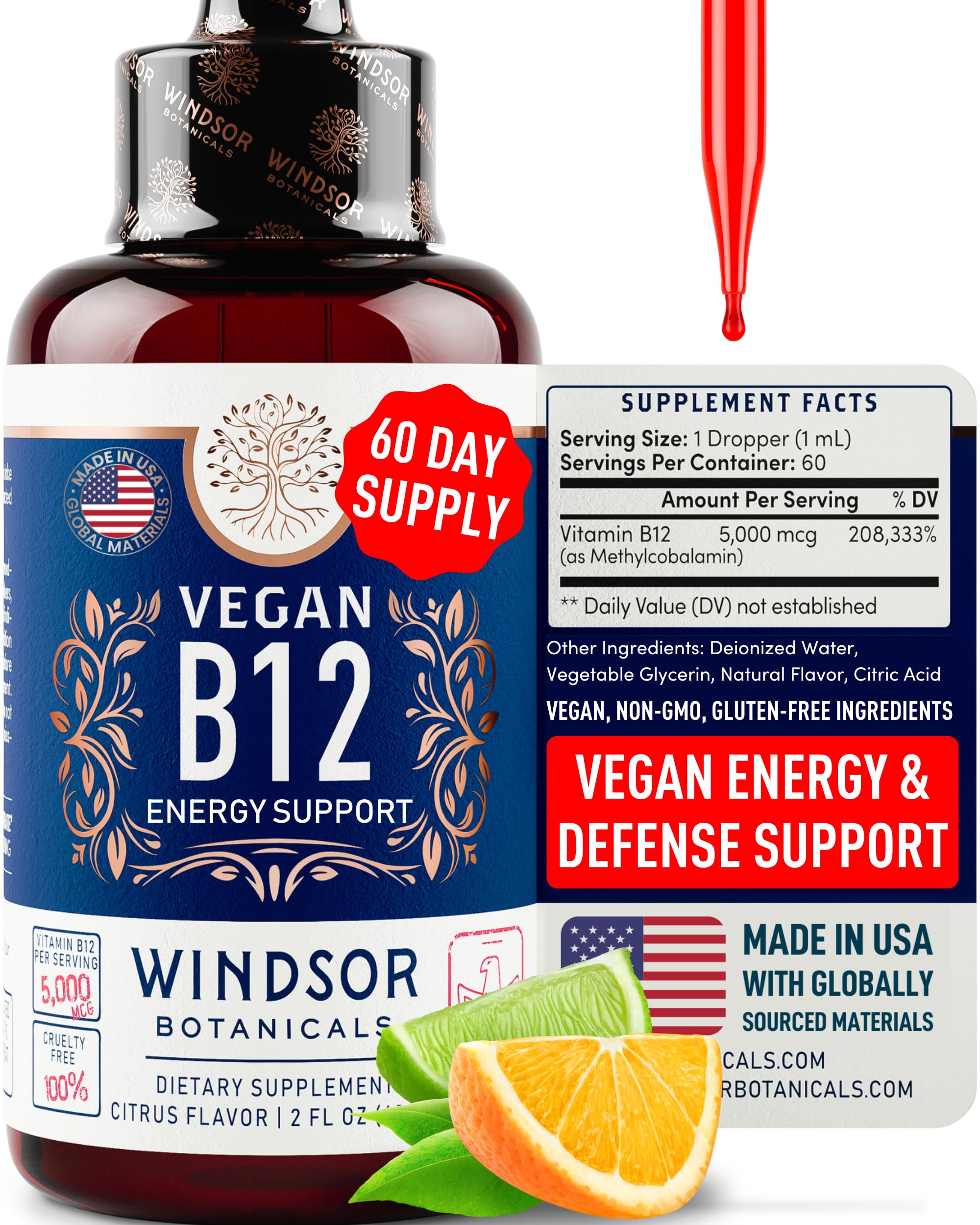 Windsor Botanicals Vegan B12 Liquid bottle pour showing citrus flavor for daily use
