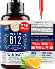 Windsor Botanicals Vegan B12 Liquid bottle pour showing citrus flavor for daily use