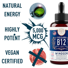 Windsor Botanicals Vegan B12 Liquid dropper dispensing a dose for quick uptake