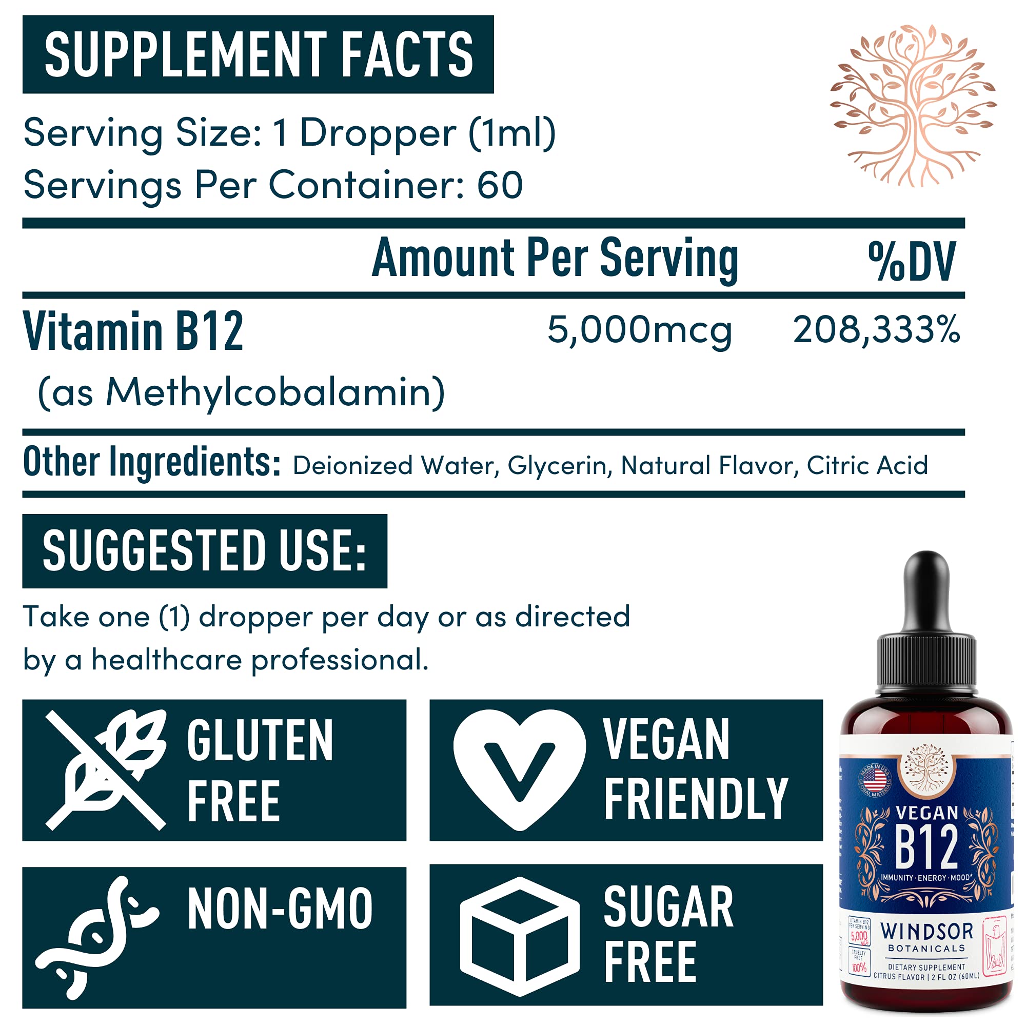 Windsor Botanicals Vegan B12 Liquid non-GMO certification close-up