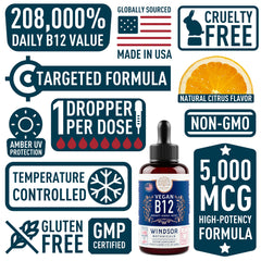Windsor Botanicals Vegan B12 Liquid under-tongue administration for fast absorption