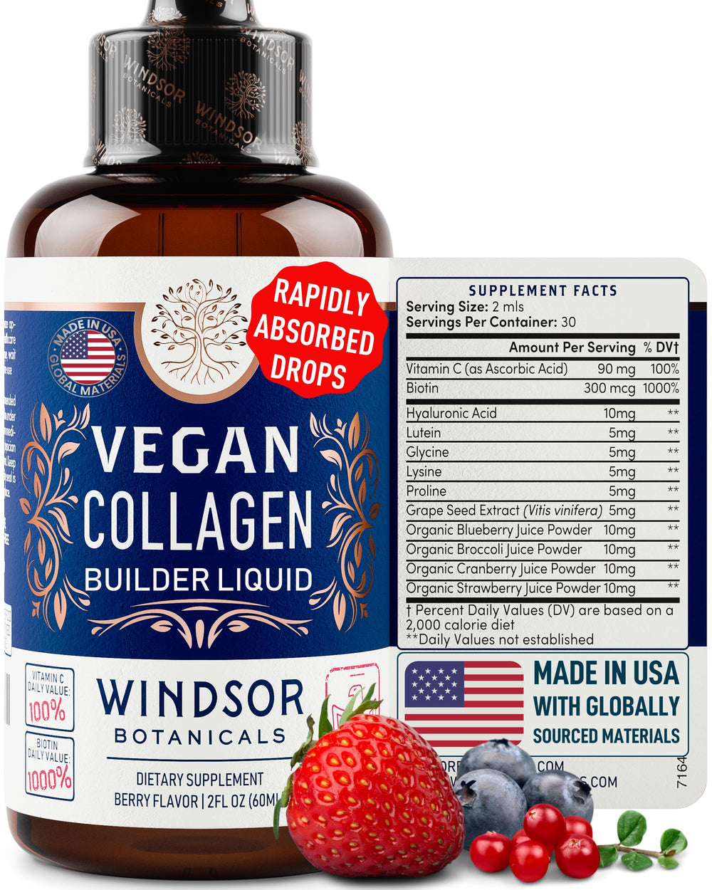 Windsor Botanicals vegan collagen builder bottle with fruity organic juices.
