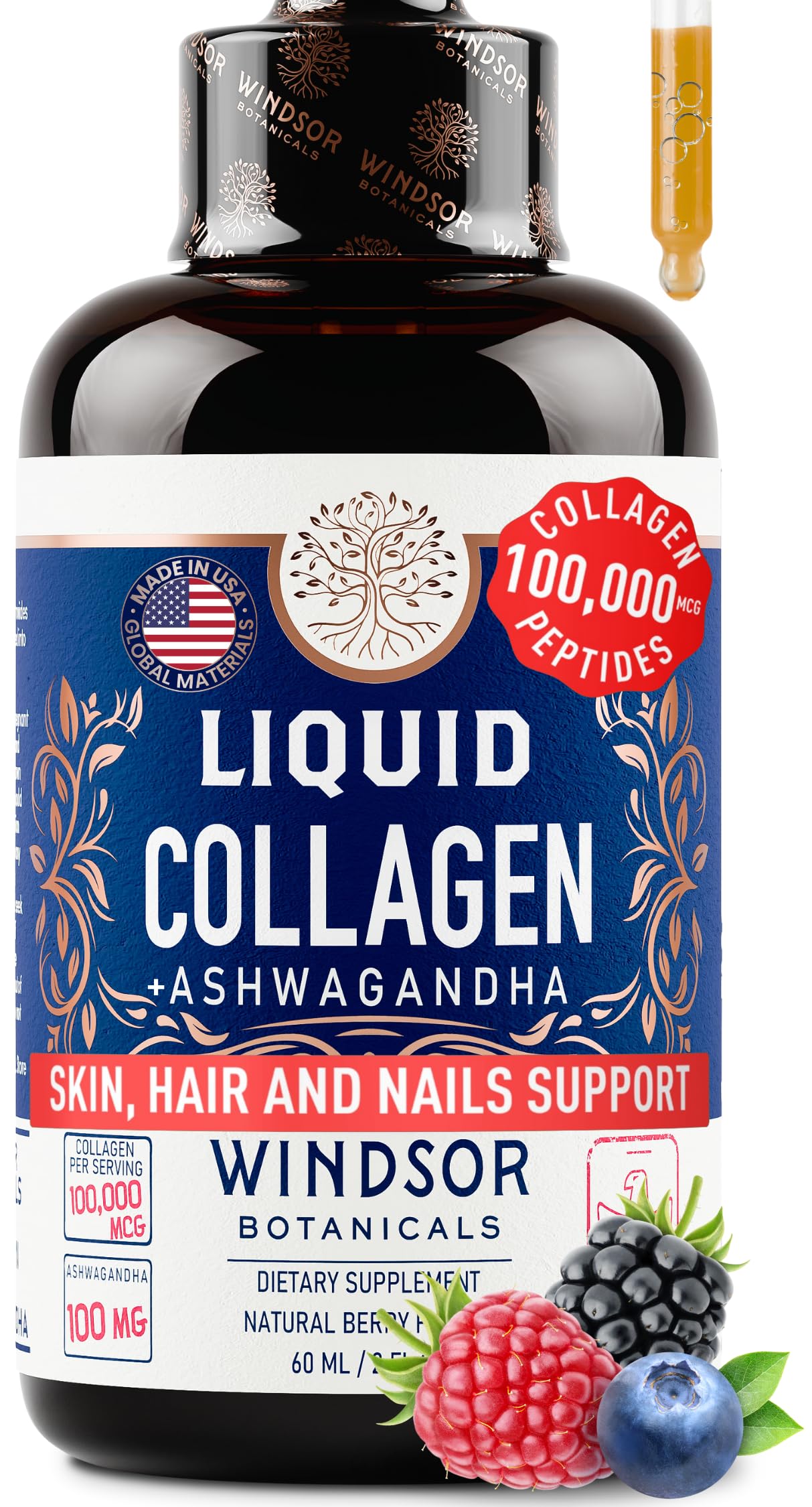 WINDSOR BOTANICALS Liquid Collagen bottle pour for easy daily intake