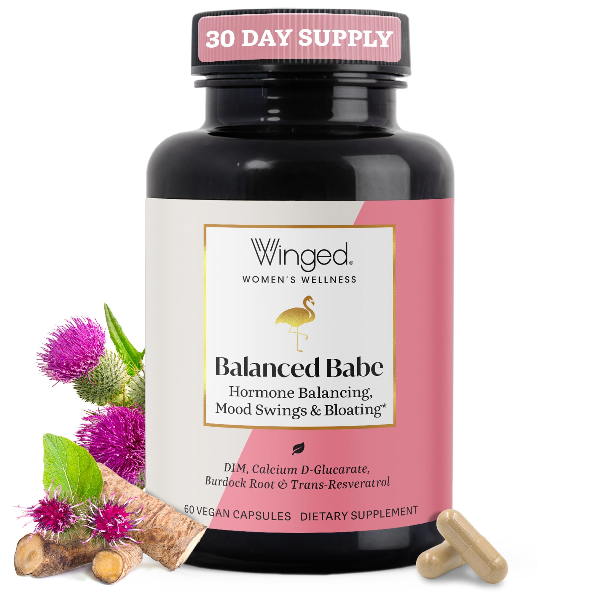Winged Wellness Balance Babe bottle front shows premium hormone balance packaging.