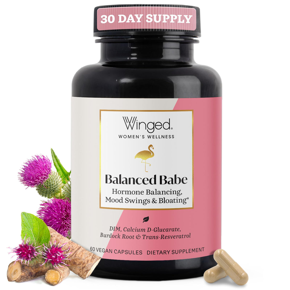 Winged Wellness Balance Babe bottle front shows premium hormone balance packaging.