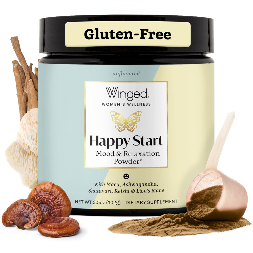 Winged Wellness Happy Start chocolate powder tub ready for a balanced morning mood boost.