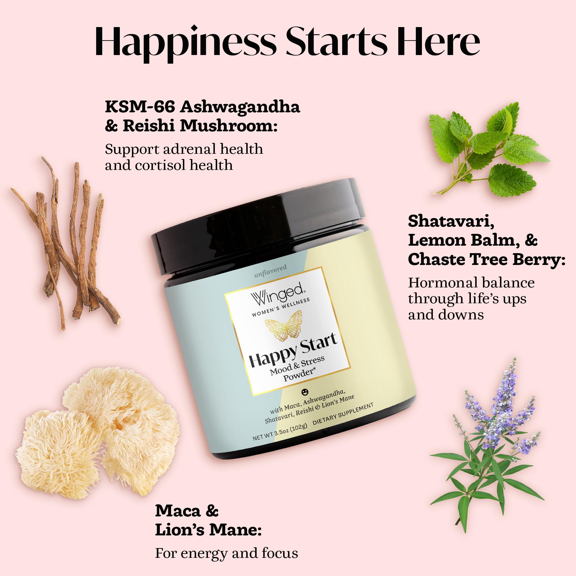 Winged Wellness Happy Start chocolate powder in a coffee cup for focused energy.