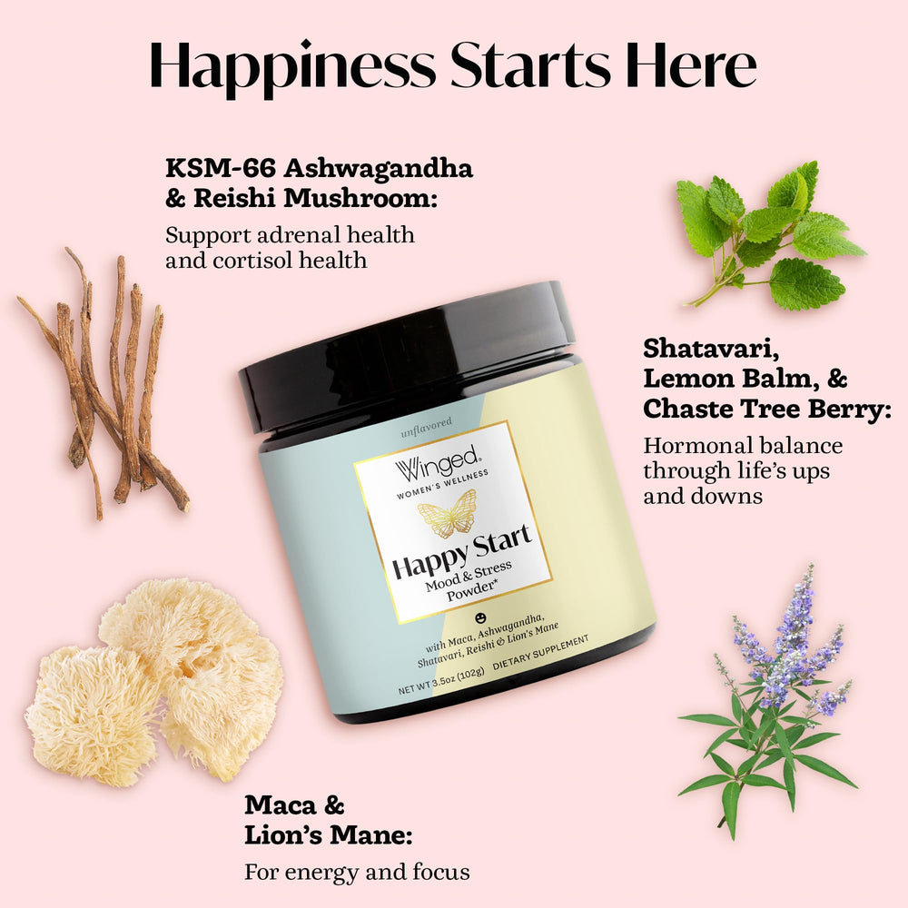 Winged Wellness Happy Start chocolate powder in a coffee cup for focused energy.