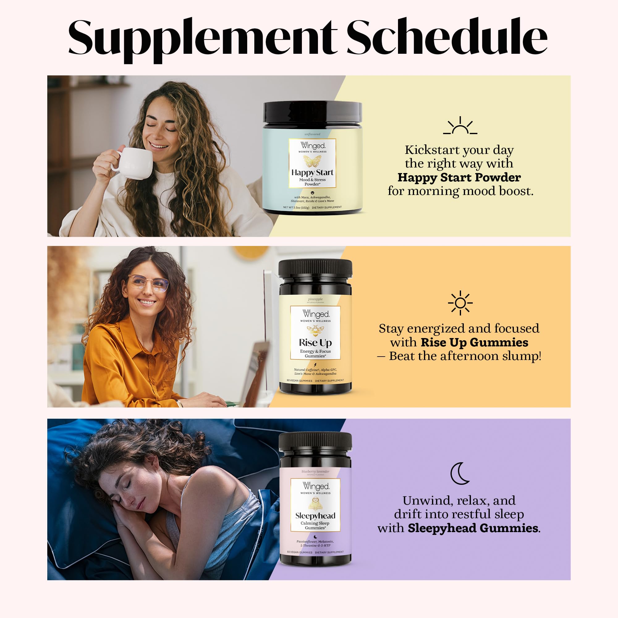 Ingredient blend bags showing adaptogens and mushrooms in Winged Wellness Happy Start.