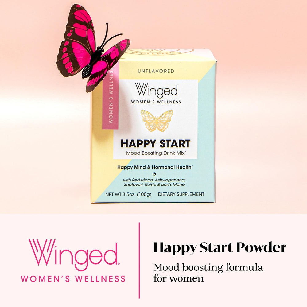 Measuring scoop beside Winged Wellness Happy Start powder for easy daily use.
