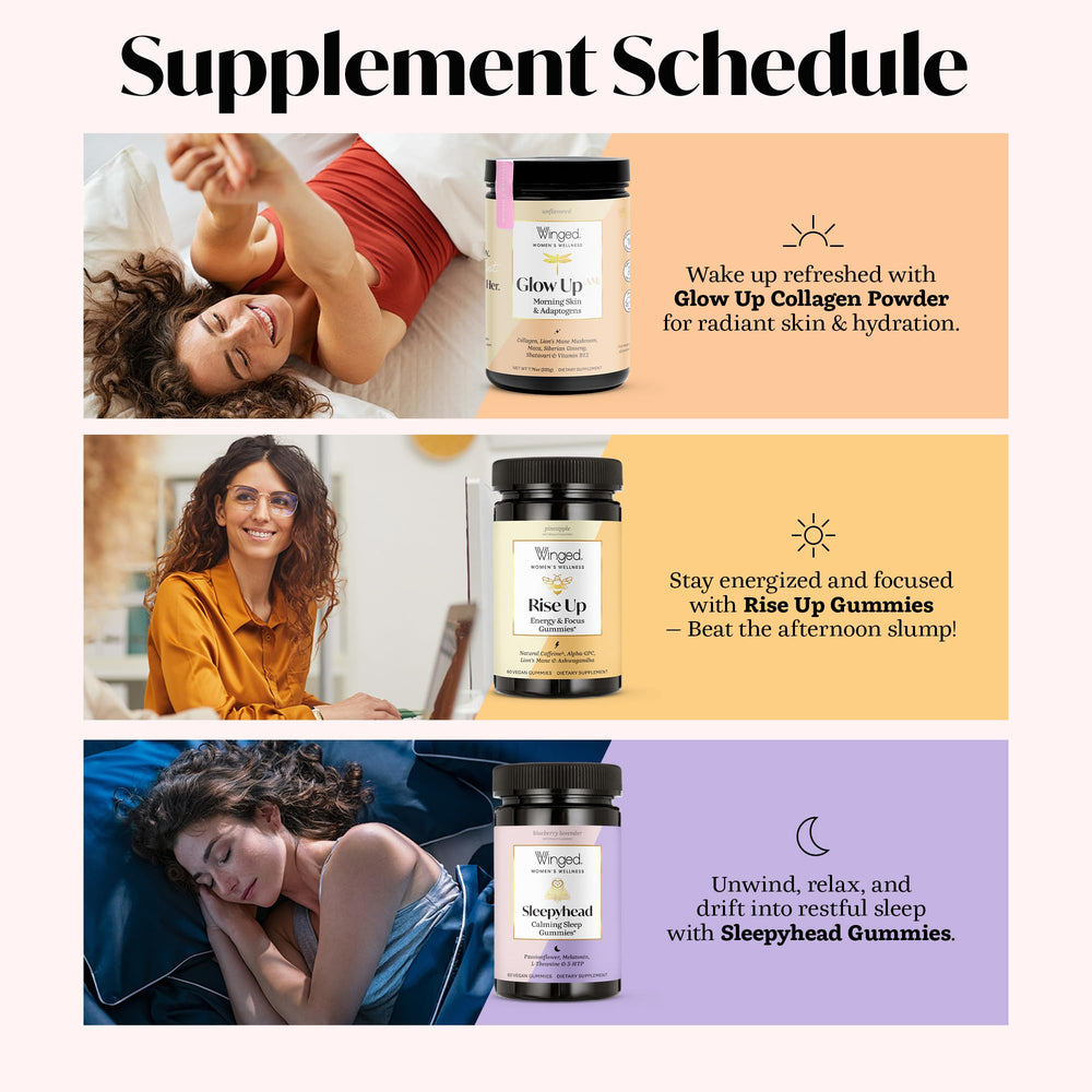 Winged Wellness Rise Up bottle with glass of water for your morning routine