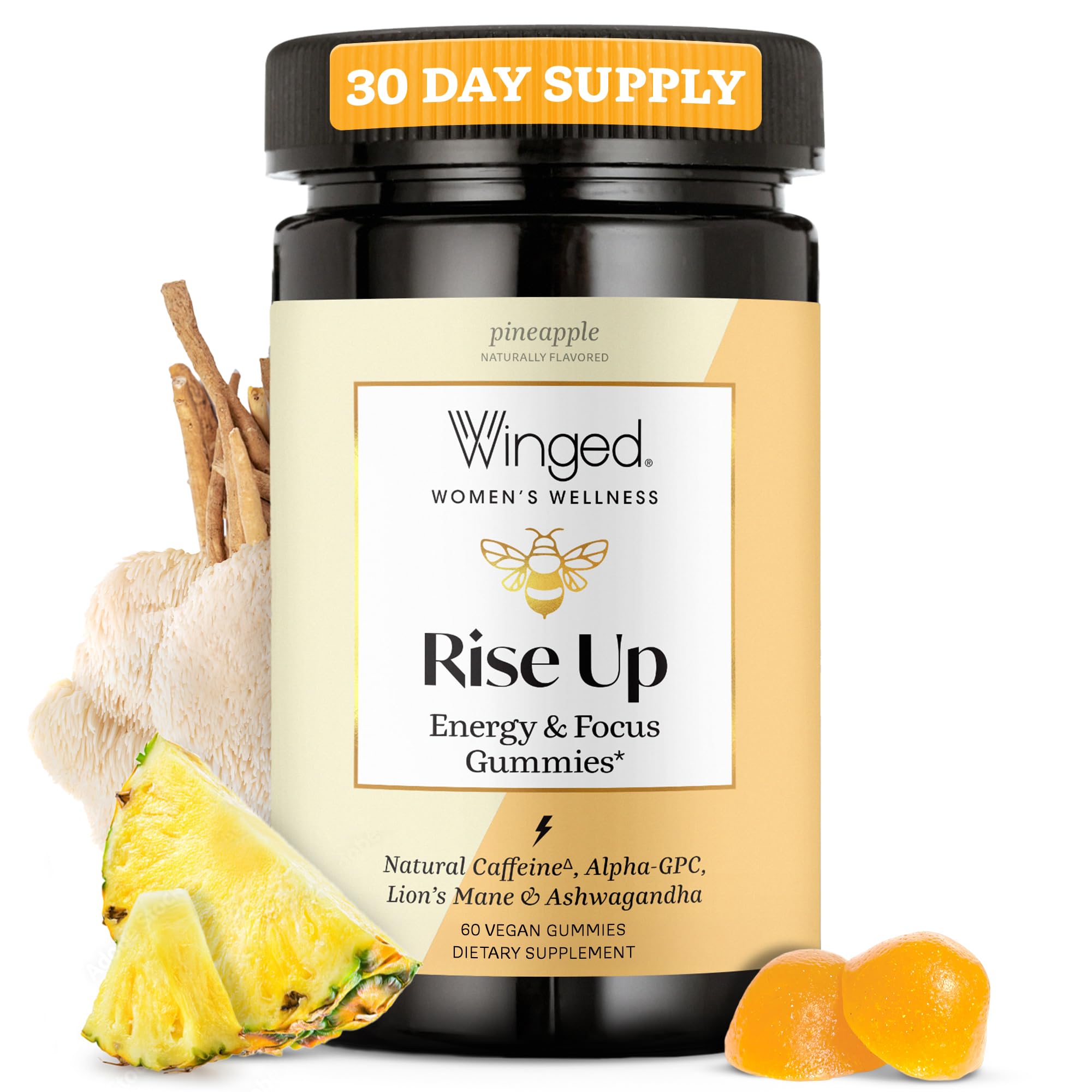 Winged Wellness Rise Up bottle showing energy gummies for daily focus