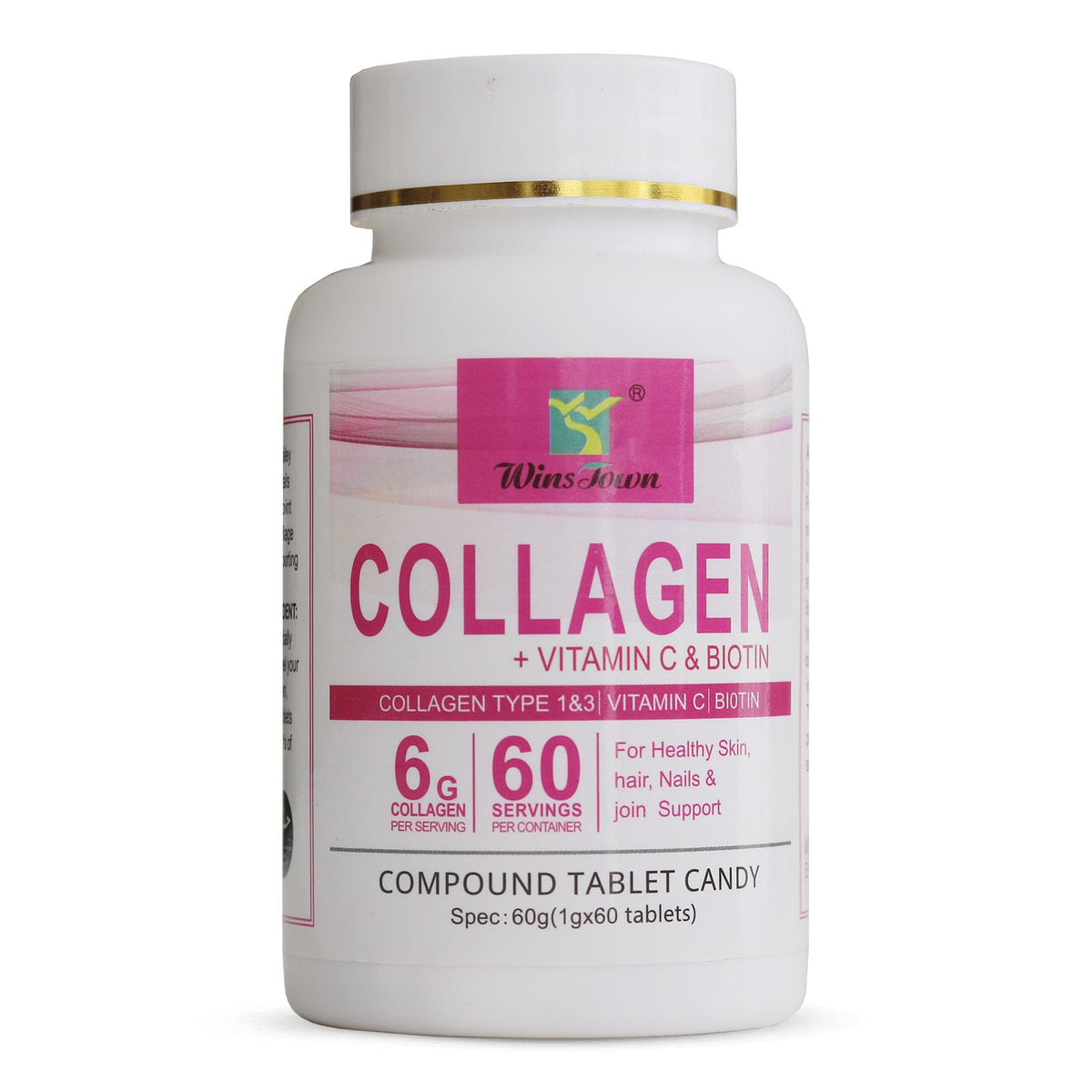Wins Town collagen candy bottle on shelf for daily wellness support.