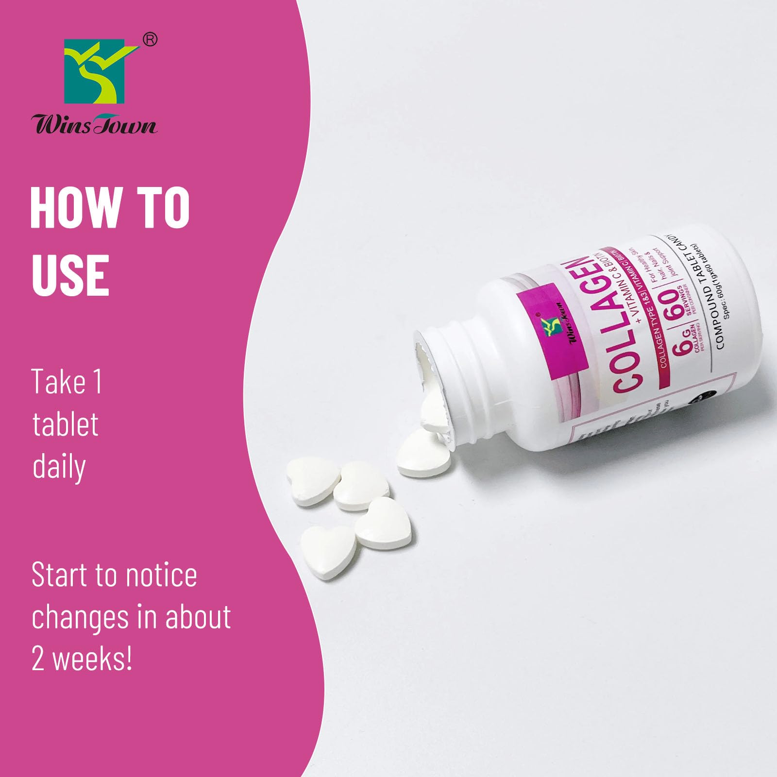 Wins Town collagen candy in a daily-use scene beside skincare items.