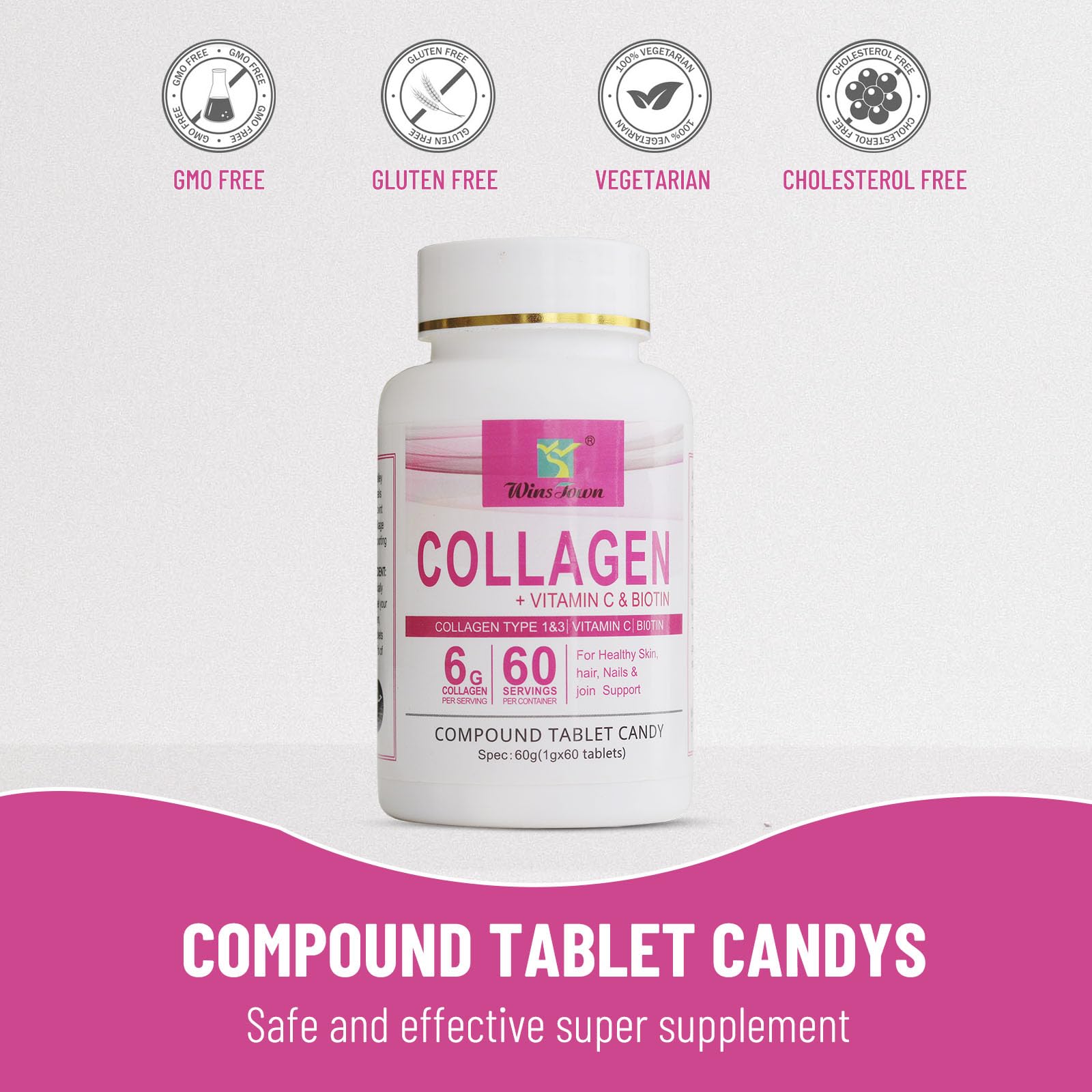 Wins Town packaging front highlights three-in-one collagen with vitamin C and biotin.