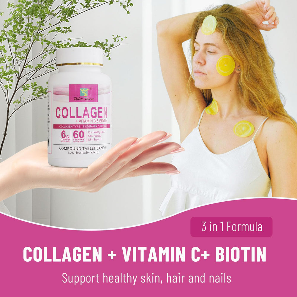 Wins Town collagen tablet close-up shows glossy tablets for skin and hair benefit.