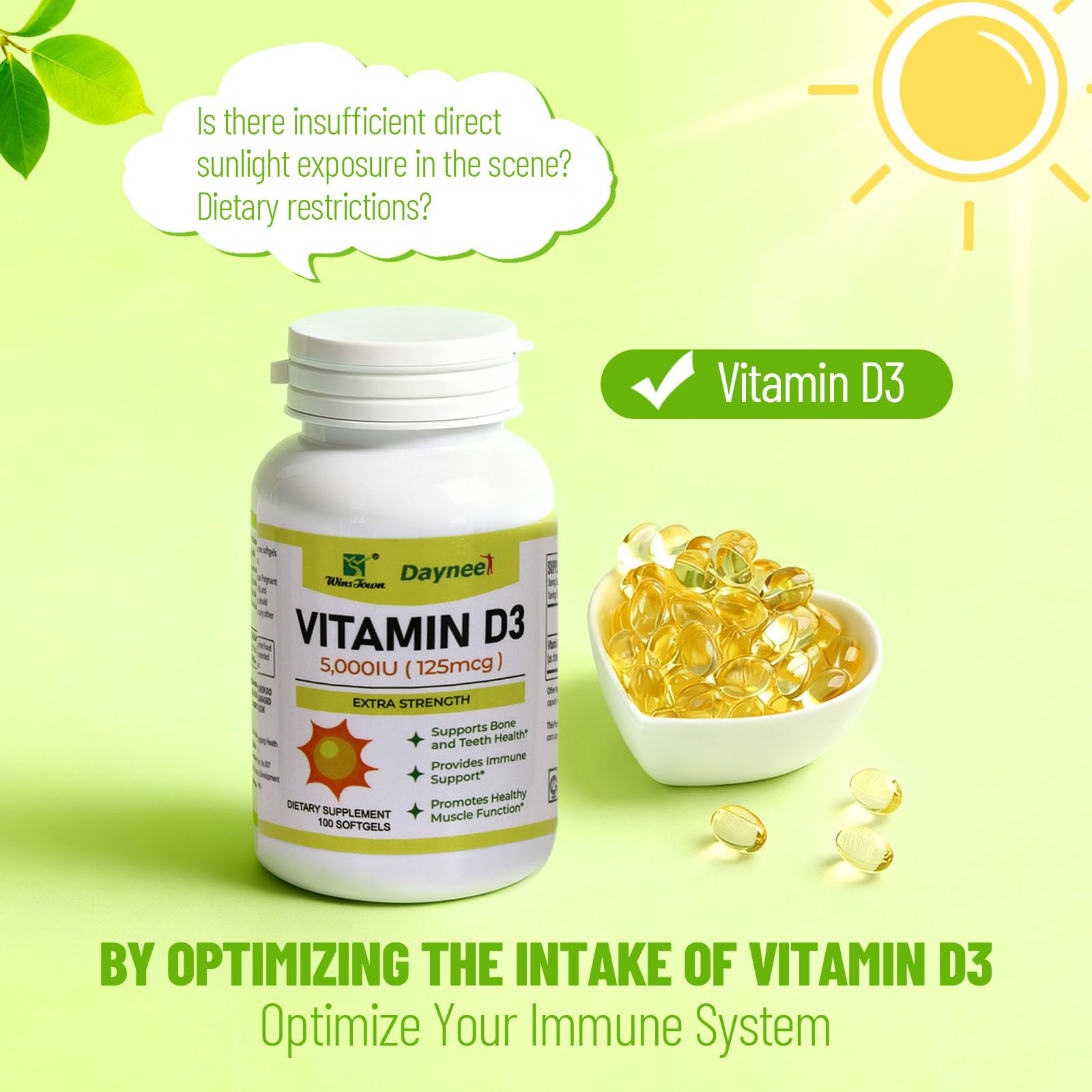 Wins Town Vitamin D3 Softgels label highlights 5000 IU per softgel.