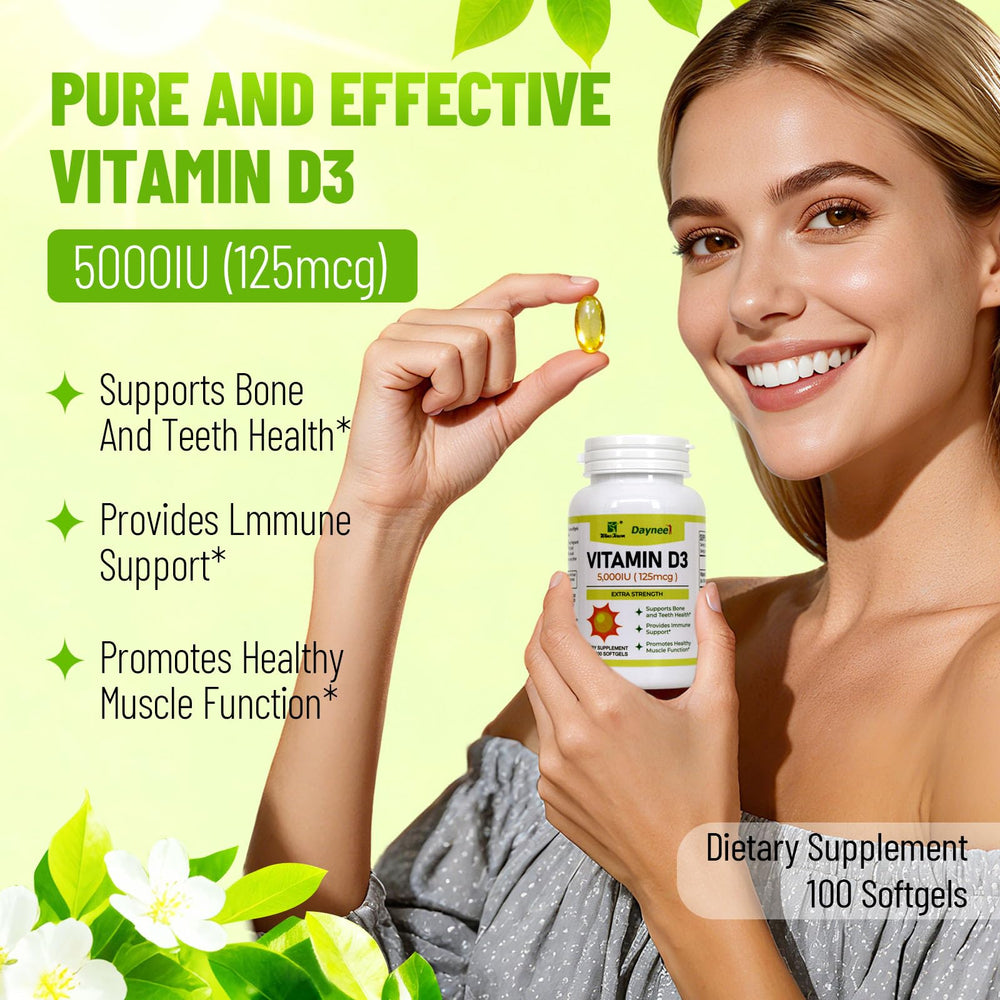 Wins Town Vitamin D3 Softgels pouring from bottle for easy daily intake.