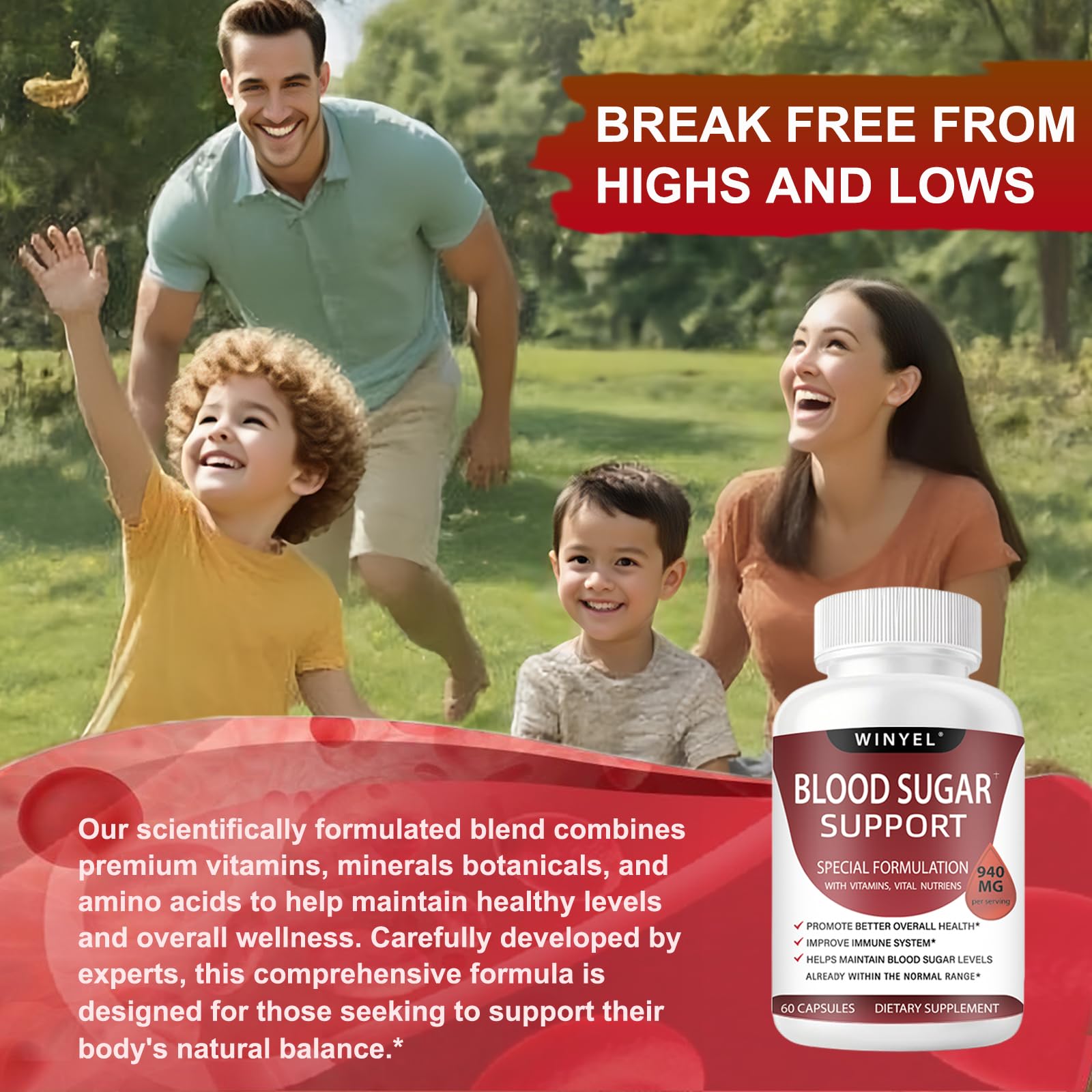 Winyel Blood Sugar Complex capsules closeup highlights capsules ready for daily use.