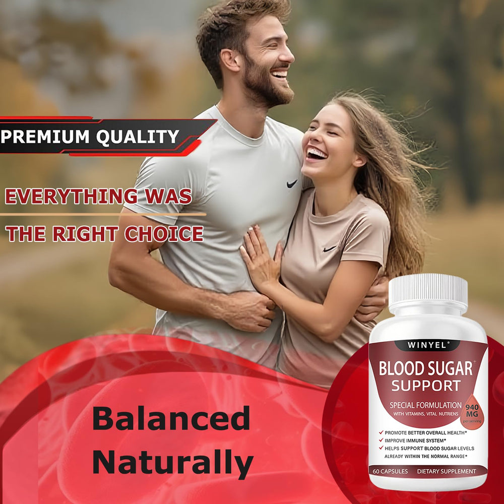 Winyel Blood Sugar Complex capsules in hand suggest convenient daily supplementation.