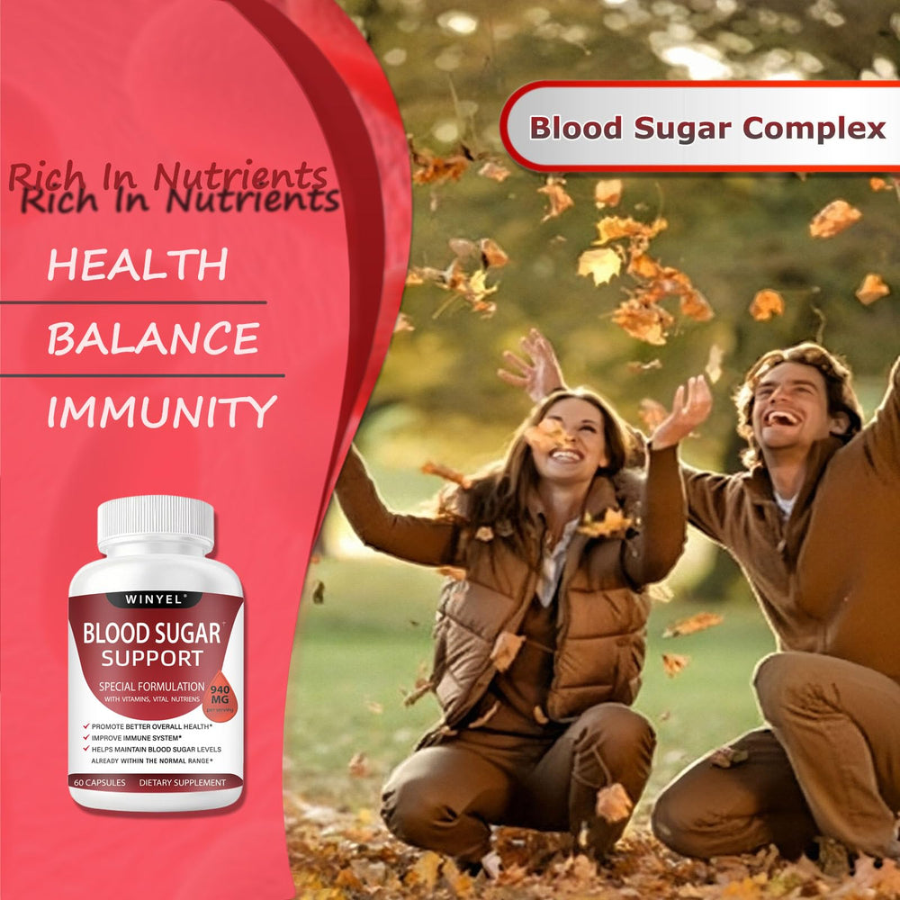Winyel Blood Sugar Complex ingredient panel emphasizes cinnamon and chromium components.