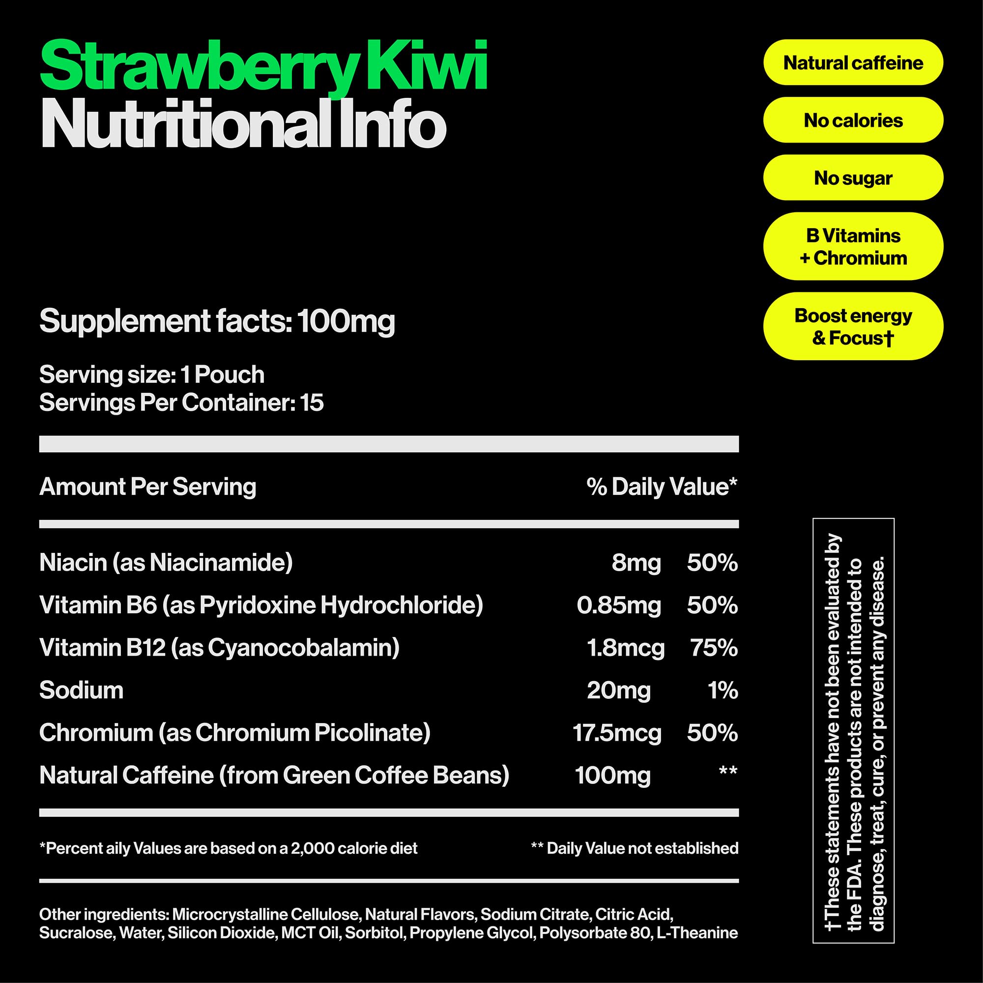 Wip Energy Pouches strawberry kiwi label close-up with caffeine and vitamins
