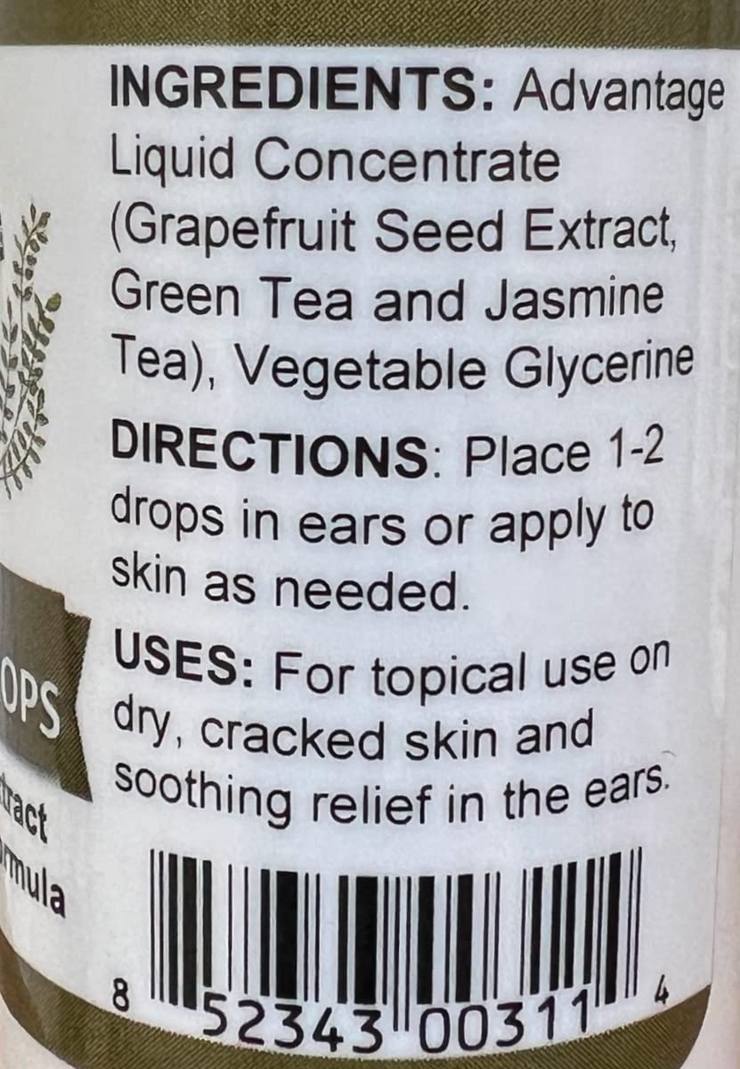 Wisdom of the Ages Advantage label close-up highlighting natural ingredients for skin and ear care.