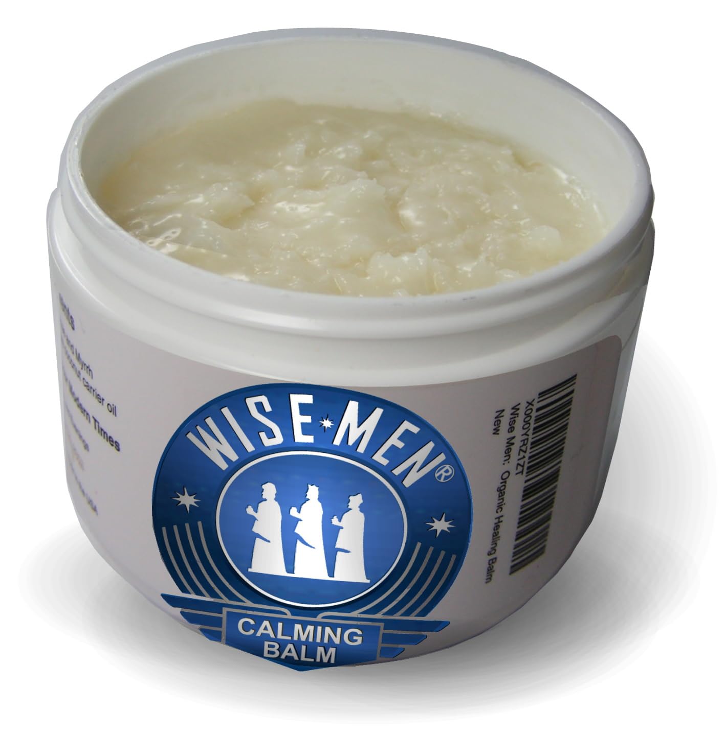 Wise Men Calm Balm label closeup highlights sacred essential blend for soothing environments.